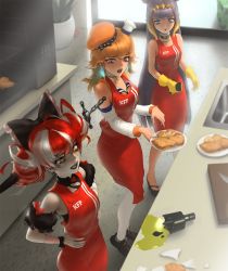 3girls biscuit_(bread) blush broken_bottle broken_plate chicken_(food) colored_skin cooking_oil counter cutting_board double_bun dress earrings evening_gown feather_earrings feathers food fried_chicken from_above gloves grey_skin hair_bun hands_on_own_hips holding holding_plate holding_sponge hololive hololive_english hololive_indonesia infi jewelry kfp kitchen knife kureiji_ollie long_hair multiple_girls ninomae_ina&#039;nis orange_hair pantyhose patchwork_skin plant plate potted_plant purple_hair red_dress red_hair rubber_gloves sandals sink sponge sword takanashi_kiara tentacle_hair tomato upset very_long_hair virtual_youtuber weapon white_pantyhose