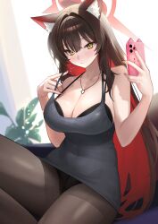 1girl animal_ear_fluff animal_ears black_bra black_dress black_hair black_panties black_pantyhose blue_archive blush bra breasts cellphone cleavage closed_mouth colored_inner_hair commentary curvy daehoak dongtan_dress dress fingernails fox_ears hair_between_eyes halo highres holding holding_phone jewelry large_breasts long_hair meme_attire multicolored_hair nail_polish necklace panties panties_under_pantyhose pantyhose phone red_hair red_halo red_nails sitting smartphone solo symbol-only_commentary underwear wakamo_(blue_archive) yellow_eyes