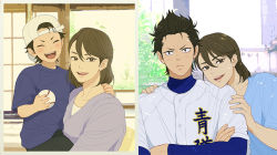 1boy 1girl ace_of_diamond age_progression backwards_hat ball baseball_cap baseball_jersey baseball_uniform blue_shirt blush brown_eyes child closed_eyes crossed_arms dark_green_hair day hat holding holding_ball jersey kuramochi_youichi looking_at_viewer mother_and_son open_mouth outdoors shirt short_hair smile spiked_hair sportswear twoframe upper_body