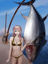 2girls absurdres bikini bingi blood blue_eyes blue_nails blue_sky breasts commentary_request day earpiece fish fishing_rod gold_bikini highres long_hair medium_breasts megurine_luka multiple_girls navel octopus one_eye_closed open_mouth outdoors pink_hair sky swimsuit takoluka tuna v very_long_hair vocaloid