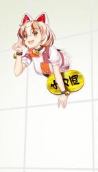 Rule 34 | 1girl, :d, animal ears, bell, bent over, brown hair, calico (pattern), cat ears, cat girl, cat tail, clenched hand, commentary request, goutokuji mike, hataraki kuma, highres, looking at viewer, maneki-neko, multicolored hair, multicolored shirt, neck bell, open mouth, orange eyes, orange hair, simple background, smile, solo, tail, through wall, touhou, variant set, white background, white hair