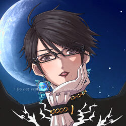 1girl aimermermer alternate_hair_length alternate_hairstyle bayonetta bayonetta_(series) bayonetta_2 black_hair blue_eyes earrings glasses highres jewelry lipstick looking_at_viewer makeup mole mole_under_mouth night night_sky short_hair sky smile solo