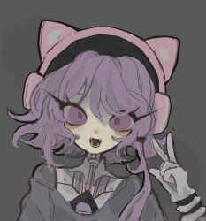 1girl :d android animal_ear_headphones animal_ears artist_name cable cat_ear_headphones commentary english_commentary eyelashes fake_animal_ears fangs flipped_hair gloves grey_background grey_shirt hair_between_eyes hand_up headphones highres lacepillow long_hair looking_at_viewer low-tied_long_hair murder_drones nori_(murder_drones) open_mouth pale_skin portrait purple_eyes purple_hair shirt simple_background smile solo straight-on teeth w white_gloves
