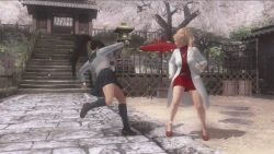 2girls 3d altenate_costume animated animated_gif ass battle black_hair breasts coat dead_or_alive dead_or_alive_5 dress fighting fundoshi high_heels lab_coat large_breasts momiji_(ninja_gaiden) multiple_girls ninja_gaiden ninja_gaiden:_dragon_sword ponytail rachel_(ninja_gaiden) school_uniform serafuku skirt tecmo underwear upskirt