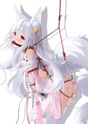 absurdres animal_ears arms_behind_back bdsm blush bondage bound bound_wrists crying crying_with_eyes_open dress fengxue fox_ears fox_girl fox_tail hair_between_eyes highres long_hair object_insertion original pink_dress pussy_juice red_eyes sex_toy simple_background tail tears thighhighs vaginal vaginal_object_insertion very_long_hair vibrator white_dress white_tail white_thighhighs