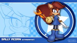 1girl artist_name blue_eyes character_name closed_mouth commentary english_commentary english_text gloves highres holding holding_sword holding_weapon sally_acorn shadowlifeman smile solo sonic_(series) sword watermark weapon web_address white_gloves