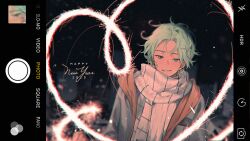 1boy :d blue_coat coat cove_holden english_text fake_phone fake_photograph fireworks glowing green_eyes green_hair grin happy_new_year heart light_particles looking_at_viewer male_focus neon_lights new_year night open_mouth our_life:_beginnings_and_always ryuuieu scarf sky smile solo sparkler star_(sky) starry_sky swept_bangs upper_body white_scarf