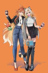 2girls :d absurdres ahoge alternate_costume black_skirt breasts chewing_gum denim earrings genshin_impact highres jeans jewelry long_hair looking_at_viewer mavuika_(genshin_impact) multicolored_hair multiple_girls nail_polish open_mouth orange_background orange_eyes orange_hair pants red_hair shiba_(tonari_no_shiba_inu) skirt smile sweater turtleneck turtleneck_sweater two-tone_hair very_long_hair white_sweater xilonen_(genshin_impact)