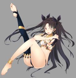 &gt;;d 1girl ;d aiming aiming_at_viewer anklet armlet ass asymmetrical_legwear bad_feet bare_arms bare_legs bare_shoulders barefoot black_gloves black_hair black_panties black_ribbon black_thighhighs blush breasts cleavage earrings elbow_gloves fate/grand_order fate_(series) feet female_focus foreshortening full_body gloves grey_background hair_ribbon hand_on_own_shoulder highres hoop_earrings index_finger_raised ishtar_(fate) jewelry kei_(soundcross) knee_up leaning leaning_back leg_up long_hair looking_at_viewer midriff neck_ring no_crown one_eye_closed open_mouth panties parted_bangs pointing red_eyes revealing_clothes ribbon round_teeth shiny_skin simple_background single_elbow_glove single_glove single_thighhigh sitting small_breasts smile solo strapless teeth thighhighs thighlet toe_ring toeless_legwear toes tohsaka_rin two_side_up type-moon underwear uneven_legwear v-shaped_eyebrows very_long_hair wink