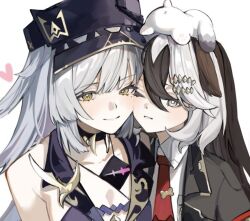 2girls animal animal_ears animal_on_head black_hair black_jacket collared_shirt coralie_6626_planck coralie_6626_planck_(puppy_patrol) coralie_6626_planck_(valkyrie_blastmetal) dog dog_ears dog_girl erdos_helia erdos_helia_(salted_plum) erdos_helia_(valkyrie_boltstorm) grey_eyes grey_hair heart honkai_(series) honkai_impact_3rd jacket long_hair looking_at_viewer mole mole_under_eye multicolored_hair multiple_girls necktie on_head red_necktie shirt sho_2nini simple_background two-tone_hair white_background white_shirt x_anus yellow_eyes