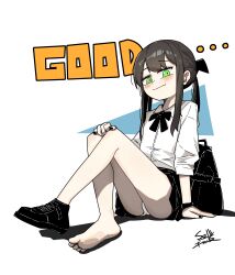 1girl absurdres barefoot black_hair blush feet green_eyes hand_on_own_knee highres long_hair looking_at_viewer panties pantyshot sally_frank shoes single_shoe smile soles toes underwear