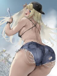 1girl absurdres alternate_costume ass ass_peek backwards_hat bandaid bandaid_on_face bandaid_on_nose beach black_bra black_hat blonde_hair blue_eyes blurry blurry_background blush bra centi_(nikke) centi_(supreme_holiday)_(nikke) day denim denim_shorts dutch_angle from_behind goddess_of_victory:_nikke hat highres hii_(motorholic) long_hair looking_at_viewer open_mouth shorts smile swimsuit underwear watch wrench wristwatch