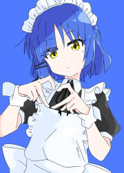 1girl alternate_costume apron black_dress blue_background blue_hair bocchi_the_rock! dress frilled_apron frilled_hairband frills hairband heart heart_hands highres looking_at_viewer maid maid_apron maid_headdress mole mole_under_eye puffy_short_sleeves puffy_sleeves r150tt0 short_hair short_sleeves simple_background solo white_apron wrist_cuffs yamada_ryo yellow_eyes