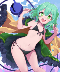 1girl :d bikini black_bikini collarbone commentary_request cowboy_shot flat_chest green_eyes green_hair green_skirt heart heart_background highres kisaragi_koushi komeiji_koishi looking_at_viewer navel open_mouth ribs shirt side-tie_bikini_bottom skirt smile solo stomach swimsuit teeth third_eye touhou unworn_shirt unworn_skirt upper_teeth_only yellow_shirt