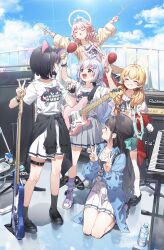 5girls absurdres airi_(band)_(blue_archive) airi_(blue_archive) animal_ears belt black_hair black_shoes black_socks blonde_hair blue_archive blue_sky cat_ears cat_girl closed_eyes cloud cloudy_sky double_v full_body halo highres jacket kazusa_(band)_(blue_archive) kazusa_(blue_archive) kneeling loafers long_hair long_sleeves looking_at_another low_twintails multicolored_hair multiple_girls natsu_(band)_(blue_archive) natsu_(blue_archive) official_alternate_costume open_clothes open_jacket open_mouth outdoors pink_hair purple_shoes reisa_(blue_archive) shirt shoes short_hair short_sleeves skirt sky smile socks standing striped_clothes striped_socks thigh_belt thigh_strap twintails v white_shirt white_skirt white_socks yoshimi_(band)_(blue_archive) yoshimi_(blue_archive) yukie_(kusaka_shi)