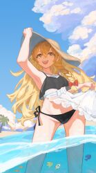1girl :d absurdres apron apron_lift beach bikini black_bikini blonde_hair blue_sky bow braid clothes_lift cloud feet_out_of_frame hand_on_headwear hat highres hirachill16 kirisame_marisa long_hair o-ring o-ring_top ocean open_mouth palm_tree red_bow see-through_apron see-through_clothes side-tie_bikini_bottom single_braid sky smile solo stomach straw_hat swimsuit teeth touhou tree tropical_fish upper_teeth_only white_apron yellow_eyes