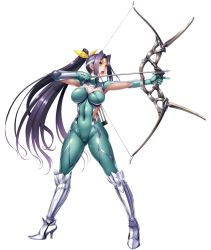 arrow_(projectile) bodysuit bow_(weapon) breasts female_focus green_eyes headband highres large_breasts lilith-soft long_hair ponytail solo taimanin_(series) taimanin_asagi taimanin_rpgx very_long_hair weapon wide_hips yubashiri_hayate zol