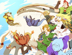 3boys 3girls bad_id bad_pixiv_id beard blonde_hair blue_eyes blue_hair dark_skin dragon earrings facial_hair facial_mark fi_(zelda) flying ghirahim gloves groose half_mask hat highres impa jewelry levias link long_hair mask multiple_boys multiple_girls nintendo pointy_ears princess princess_zelda red_eyes red_hair saiba_(henrietta) sky smile solid_eyes the_legend_of_zelda the_legend_of_zelda:_skyward_sword white_hair