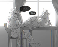 Rule 34 | 2girls, absurdres, bluish gray cat, blush, collared shirt, commentary, contemporary, curtains, ear blush, glasses, greyscale, gundam, gundam suisei no majo, hand on another&#039;s thigh, highres, implied masturbation, indoors, korean text, leg between thighs, miorine rembran, monochrome, multiple girls, no shoes, pantyhose, pleated skirt, school uniform, shirt, skirt, speech bubble, suletta mercury, sweat, teacher and student, thick eyebrows, translation request, yuri