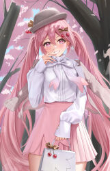 1girl absurdres bag blush breasts cherry_blossoms cherry_hair_ornament cherry_hat_ornament cowboy_shot earrings flower_earrings food-themed_hair_ornament grin hair_ornament handbag hat hatsune_miku head_tilt highres holding holding_bag jewelry keine09 long_hair long_sleeves looking_at_viewer medium_breasts miniskirt outdoors pink_eyes pink_hair pink_skirt pleated_skirt sakura_miku sakura_miku_(rella) shirt skirt sleeves_past_wrists smile solo tree twintails very_long_hair vocaloid white_bag white_shirt