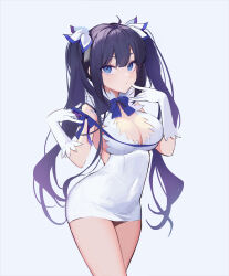 1girl absurdres ahri_(ari_30305) arm_ribbon black_hair blue_eyes blue_ribbon breasts cleavage_cutout clothing_cutout covered_navel dress dungeon_ni_deai_wo_motomeru_no_wa_machigatteiru_darou_ka gloves hair_ribbon hestia_(danmachi) highres large_breasts long_hair looking_at_viewer pencil_dress ribbon short_dress solo standing twintails very_long_hair white_dress white_gloves