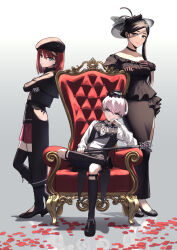 Rule 34 | 1boy, 2girls, absurdres, alternate costume, black boots, black hair, black hat, black shoes, blonde hair, boots, brown eyes, closed mouth, commentary request, crossed arms, eri (pokemon), eyelashes, green eyes, hand on own chest, hat, highres, holding, long sleeves, looking at viewer, medium hair, mela (pokemon), mini hat, multicolored hair, multiple girls, nintendo, ortega (pokemon), pink eyes, pink hair, pokemon, pokemon sv, red hair, red petals, shoes, sitting, smile, standing, suzukinoko1021, team star, throne, two-tone hair