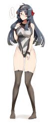 Rule 34 | 1girl, absurdres, adapted costume, black hair, black thighhighs, breasts, brown eyes, competition swimsuit, full body, glasses, grey one-piece swimsuit, headgear, heian maru (kancolle), highleg, highleg one-piece swimsuit, highres, kantai collection, large breasts, long hair, looking at viewer, minase (takaoka nanase), multicolored swimsuit, one-piece swimsuit, round eyewear, simple background, solo, swimsuit, thighhighs, very long hair, white background