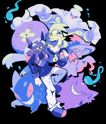 1boy black_background blonde_hair commentary_request drifblim dusknoir game_freak gen_1_pokemon gen_3_pokemon gen_4_pokemon gengar ghost gogeyama headband highres long_sleeves looking_at_viewer mismagius morty_(pokemon) nintendo pants poke_ball pokemon pokemon_(creature) pokemon_hgss purple_headband purple_scarf red_eyes sableye scarf sharp_teeth sweater teeth white_pants will-o&#039;-the-wisp_(mythology)
