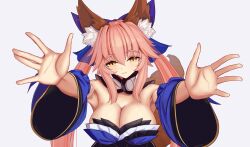 1girl animal_ear_fluff animal_ears bare_shoulders blue_kimono blue_ribbon bow breasts cleavage collarbone detached_sleeves fate/grand_order fate_(series) fox_ears fox_girl fox_tail hair_bow japanese_clothes kapi-san kimono large_breasts long_hair looking_at_viewer open_mouth pink_hair ribbon simple_background smile solo split_ponytail tail tamamo_(fate) tamamo_no_mae_(fate/extra) white_background yellow_eyes