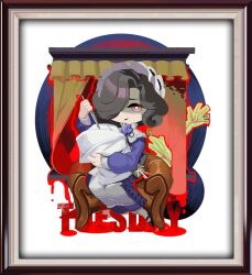 1girl apron black_border black_footwear black_hair black_ribbon blanket blood border chibi cos_(kaito00747) couch disembodied_hand dress full_body hair_over_one_eye holding holding_blanket holding_knife knife long_dress long_sleeves maid maid_headdress neck_flower neck_ribbon on_couch one_eye_covered picture_frame puffy_long_sleeves puffy_sleeves purple_dress purple_eyes purple_footwear reverse:1999 ribbon shaded_face short_hair sitting smile solo swaddled table_knife tuesday_(reverse:1999) white_apron white_background