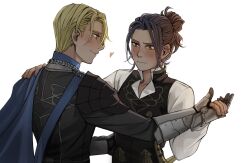 Rule 34 | 2boys, arm up, armor, belt, black hair, black vest, blonde hair, blue belt, blue cape, blue eyes, blush, brown eyes, cape, chest belt, closed mouth, collarbone, collared shirt, commentary, dancing, dimitri alexandre blaiddyd, felix hugo fraldarius, fingernails, fire emblem, fire emblem: three houses, hair bun, heart, highres, holding hands, long sleeves, male focus, multiple boys, nintendo, open collar, pauldrons, plaemon, popped collar, shirt, shoulder armor, side cape, simple background, single pauldron, smile, upper body, vest, white background, white shirt, yaoi