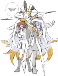 3girls ascot blush bodysuit boots braid cape closed_eyes fate/grand_order fate_(series) fujimaru_ritsuka_(female) fujimaru_ritsuka_(female)_(decisive_battle_chaldea_uniform) glasses hair_over_one_eye highres horns jacket korean_text limited_palette long_hair mash_kyrielight multiple_girls necktie official_alternate_costume olga_marie_animusphere one_eye_covered open_clothes open_jacket open_mouth orange_hair purple_hair short_hair simple_background single_horn smile speech_bubble translation_request u-olga_marie very_long_hair white_background xs0z05wxzb52697 yellow_eyes yellow_horns