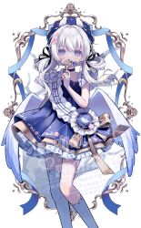 Rule 34 | 1girl, absurdres, animal, animal on head, asymmetrical legwear, bird, bird on head, black choker, black ribbon, blue dress, blue hat, blue socks, blue thighhighs, blush, borrowed character, choker, commentary request, commission, dress, feathered wings, feet out of frame, frilled dress, frills, hair ribbon, hat, highres, holding, holding key, key, kneehighs, long hair, looking at viewer, low wings, myon rio, on head, original, purple eyes, ribbon, simple background, single sock, single thighhigh, skeb commission, sleeveless, sleeveless dress, socks, solo, standing, thighhighs, uneven legwear, watermark, white background, white hair, white wings, wings