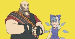1boy 1girl animated animated_gif bald beard_stubble black_gloves black_vest blue_bow blue_dress blue_hair blush_stickers bow bowtie brown_collar cirno clenched_hands closed_eyes collar collared_shirt crossover dress facial_hair fairy fairy_wings fingerless_gloves gloves hair_bow heavy_(tf2) height_difference high_collar ice ice_wings looping_animation lowres muscular muscular_male open_mouth puffy_short_sleeves puffy_sleeves red_bow red_bowtie red_heavy_(tf2) red_shirt sdz_(inazuma) shell_casing shirt short_hair short_sleeves sleeveless sleeveless_dress smile stubble team_fortress_2 teeth thick_eyebrows touhou upper_body vest white_shirt wings yellow_background