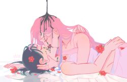 Rule 34 | 2girls, alien stage, artist name, black hair, blush, camisole, childlight art, closed eyes, commentary, ear blush, flower, gradient hair, hand in another&#039;s hair, hand on another&#039;s face, hashtag-only commentary, highres, ink, kiss, long hair, mizi (alien stage), multicolored hair, multiple girls, pink camisole, pink hair, purple hair, red flower, short hair, simple background, sua (alien stage), white background, white camisole, yuri