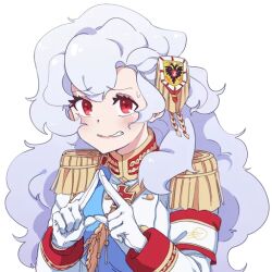 1girl aiguillette alpha_(alpha_1918) armband blue_sash blush breasts buttons collar cross cross_pendant embarrassed epaulettes findoworld fluffy fluffy_hair gloves gold_buttons gold_trim hair_ornament index_fingers_together lips long_hair looking_at_viewer medium_breasts military military_uniform nervous nervous_smile original red_eyes red_sleeve_cuffs russian_empire sash sleeve_cuffs smile solo sticker transparent transparent_background very_long_hair white_gloves white_hair