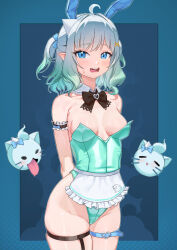 1girl :p ahoge animal_ears apron aqua_background aqua_border arms_behind_back bare_shoulders black_bow blue_eyes blue_hair blush border bow bowtie breasts collarbone commentary cowboy_shot detached_collar english_commentary fake_animal_ears frilled_apron frills groin hair_ornament highres holding indie_virtual_youtuber leotard looking_at_viewer lunarisbloom maid_apron mint_fantome multicolored_hair open_mouth outside_border pointy_ears rabbit_ears short_hair skindentation small_breasts solo standing strapless strapless_leotard streaked_hair sweat thigh_strap tongue tongue_out two_side_up virtual_youtuber whiskers wisps_(mint_fantome)