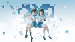 Rule 34 | 2girls, absurdres, black footwear, black hair, black socks, blue eyes, blue neckerchief, blue skirt, commentary request, hibike! euphonium, highres, holding, holding instrument, instrument, jigsaw puzzle, kasaki nozomi, kneehighs, liz to aoi tori, loafers, long hair, looking at viewer, multiple girls, neckerchief, oboe, parted lips, pleated skirt, ponytail, puzzle, puzzle piece, red eyes, reed (instrument), shirt, shoes, short sleeves, skirt, socks, tuzhate, white shirt, white socks, wide shot, yoroizuka mizore