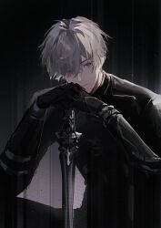 1boy black_gloves black_jacket chinese_commentary closed_mouth clouble commentary_request gloves grey_eyes hair_between_eyes hair_over_one_eye highres holding holding_sword holding_weapon jacket light_particles looking_at_viewer love_and_deepspace male_focus own_hands_together planted planted_sword planted_weapon short_hair sitting solo sword upper_body weapon white_hair xavier_(love_and_deepspace)