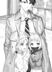 1boy 2girls ahoge beanie blush character_request child closed_mouth coat collared_shirt commentary_request greyscale hair_ribbon hat inari_rin lapels long_sleeves looking_at_another looking_at_viewer looking_down medium_hair mittens momoko_(momopoco) monochrome multiple_girls necktie notched_lapels novel_illustration official_art open_clothes open_coat open_mouth oshiego_ni_kyouhaku_sareru_no_wa_hanzai_desu_ka? outdoors ribbon scarf second-party_source shirt short_hair sleeves_past_wrists smile standing teacher_and_student tenjin_(oshiego_ni_kyouhaku_sareru_no_wa_hanzai_desu_ka?) wing_collar winter winter_clothes winter_coat