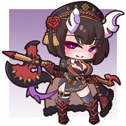 1girl absurdres armored_boots axe between_breasts black_cape black_hair black_hat black_jacket boots breasts cape chibi cleavage closed_mouth commentary eriko_(princess_connect!) flower full_body fur-trimmed_cape fur_trim gauntlets grey_skirt grey_thighhighs hat highres holding holding_axe horns jacket knee_boots large_breasts necktie necktie_between_breasts peaked_cap princess_connect! purple_background purple_eyes red_flower red_necktie red_rose rose saishosaisekojo short_hair skirt smile solo standing thighhighs thighhighs_under_boots
