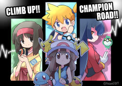 4girls asymmetrical_hair bag black_hair blue_eyes blue_hair brown_eyes brown_hair closed_mouth creatures_(company) electricity erika_(pokemon) game_freak gen_1_pokemon gloves hairband hat highres holding holding_poke_ball jacket japanese_clothes kimono leaf_(pokemon) long_hair looking_at_viewer misty_(pokemon) multiple_girls nintendo open_mouth orange_hair pikachu poke_ball poke_ball_(basic) pokemon pokemon_frlg ponytail rascal_(feuille) red_eyes robe sabrina_(pokemon) shirt short_hair side_ponytail sleeveless smile squirtle twintails twitter_username weedle white_gloves wristband