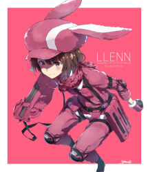 1girl absurdres ammunition_pouch animal_ears animal_hat bandana bandana_around_neck black_boots boots border brown_eyes brown_hair bullpup character_name closed_mouth commentary_request copyright_name english_text full_body gloves gun hat highres holding holding_gun holding_weapon knee_boots knee_pads llenn_(sao) looking_at_viewer outside_border p-chan_(p90) p90 pants personal_defense_weapon pink_background pink_bandana pink_gloves pink_hat pink_pants pink_weapon pouch rabbit_ears short_hair sidelocks signature simple_background smile solo submachine_gun sword_art_online sword_art_online_alternative:_gun_gale_online weapon white_border yossui