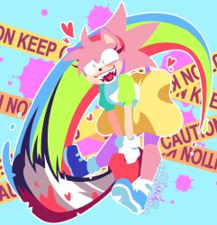 1girl album_cover_redraw blue_background blue_shoes caution_tape chainsaw colorful commentary crazy derivative_work english_commentary full_body furry furry_female hedgehog_girl highres holding holding_chainsaw lalnerd lesbian_ponies_with_weapons no_lineart parody pink_fur rainbow rosy_the_rascal shirt shoes skirt sneakers solo sonic_(series) sonic_the_hedgehog_(archie_comics) variant_set vylet_pony yellow_skirt