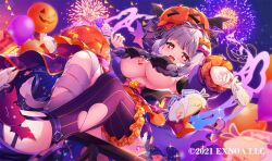 1girl aerial_fireworks amakarashi angelic_link balloon black_thighhighs bow breasts bunting candy character_request cleavage copyright_notice detached_sleeves fireworks food grey_hair hair_intakes halloween hat heart heart-shaped_gem heart-shaped_pupils jack-o&#039;-lantern jack-o&#039;-lantern_hat large_breasts leg_wrap lollipop mole mole_on_breast night night_sky official_art open_mouth orange_hat purple_bow purple_sleeves red_eyes single_thighhigh sky solo symbol-shaped_pupils thighhighs torn_clothes torn_thighhighs underboob