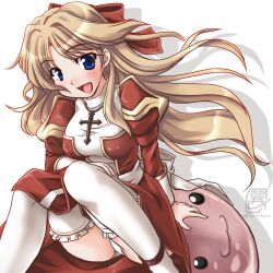 1girl :3 :d back_bow blonde_hair blue_eyes blush bow breasts commentary_request cross cross_necklace dress feet_out_of_frame frilled_thighhighs frills hair_bow high_priest_(ragnarok_online) jewelry juliet_sleeves long_hair long_sleeves looking_at_viewer medium_breasts necklace open_mouth panties poring puffy_sleeves ragnarok_online red_bow red_dress sash simple_background sitting slime_(creature) smile solo tatsumi_ray thighhighs two-tone_dress underwear white_background white_bow white_dress white_panties white_sash white_thighhighs