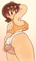 1boy 1girl aioi_yuuko armpits ass ass_focus back breasts brown_hair crop_top dozo_gon from_behind hand_up hetero highres huge_breasts nichijou orange_shirt panties penis purple_eyes shirt short_hair thick_thighs thigh_sex thighs underwear white_panties