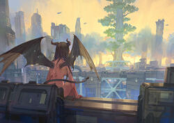 1girl absurdres black_hair blood blood_stain breasts building cityscape ddal demon_girl demon_horns demon_tail demon_wings flying_car highres horns long_hair medium_breasts nude original outdoors pointy_ears science_fiction skyscraper solo tail torn_wings tree wings
