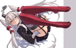 Rule 34 | 1girl, absurdres, amatsukaze (kancolle), amatsukaze kai ni (kancolle), ass, black dress, black panties, butt crack, dress, floating, garter straps, gloves, grey hair, grey neckerchief, hair tubes, hat, highres, kantai collection, looking at viewer, mini hat, neckerchief, panties, red thighhighs, sailor dress, short dress, simple background, single glove, smokestack hair ornament, solo, striped clothes, striped thighhighs, thighhighs, two side up, underwear, undressing, white background, white hair, xiu kukkii