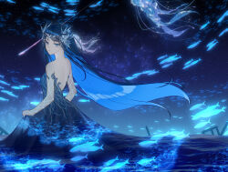Rule 34 | 1girl, backless dress, backless outfit, bare shoulders, beads, blending, blue dress, blue eyes, blue hair, blue sleeves, chinese commentary, circlet, closed mouth, colored inner hair, commentary, cowboy shot, detached sleeves, dress, expressionless, fins, fish, fishnet sleeves, fishnets, floating hair, flying fish, gown, head fins, highres, jellyfish, kirina zero, long hair, lost tides (shining nikki), multicolored hair, night, night sky, nikki (series), ocean, outdoors, pillar, ruins, shining nikki, shooting star, skirt hold, sky, solo, star (sky), starry sky, strapless, strapless dress, very long hair, wading